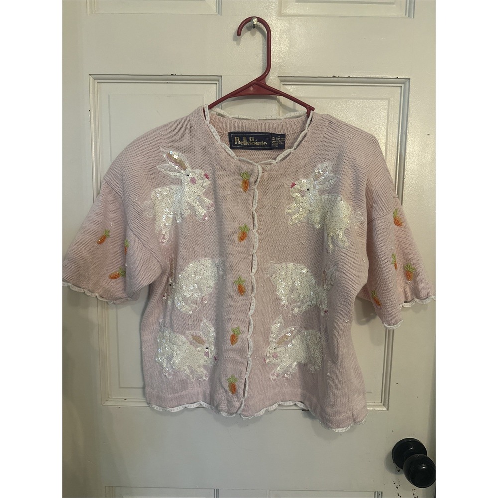 BellePointe VTG Bunny Sparkly Bejeweled Cardigan Easter Short Sleeve sweater SzM